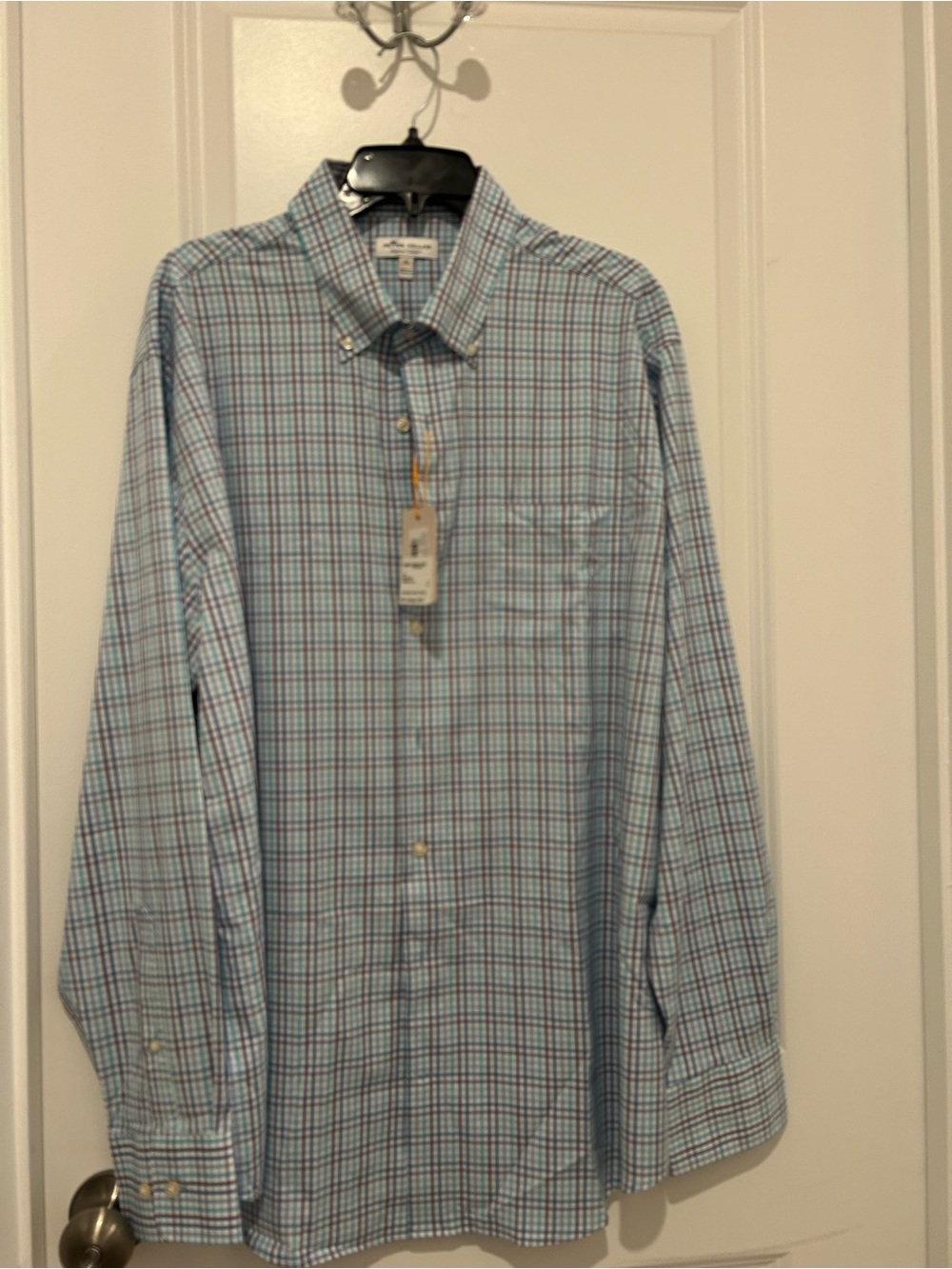 Peter Millar Blue and White Plaid Button-Down Dress Shirt